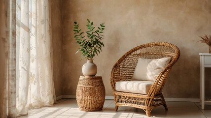 Blank beige wall mockup in boho room interior