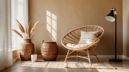 Blank beige wall mockup in boho room interior