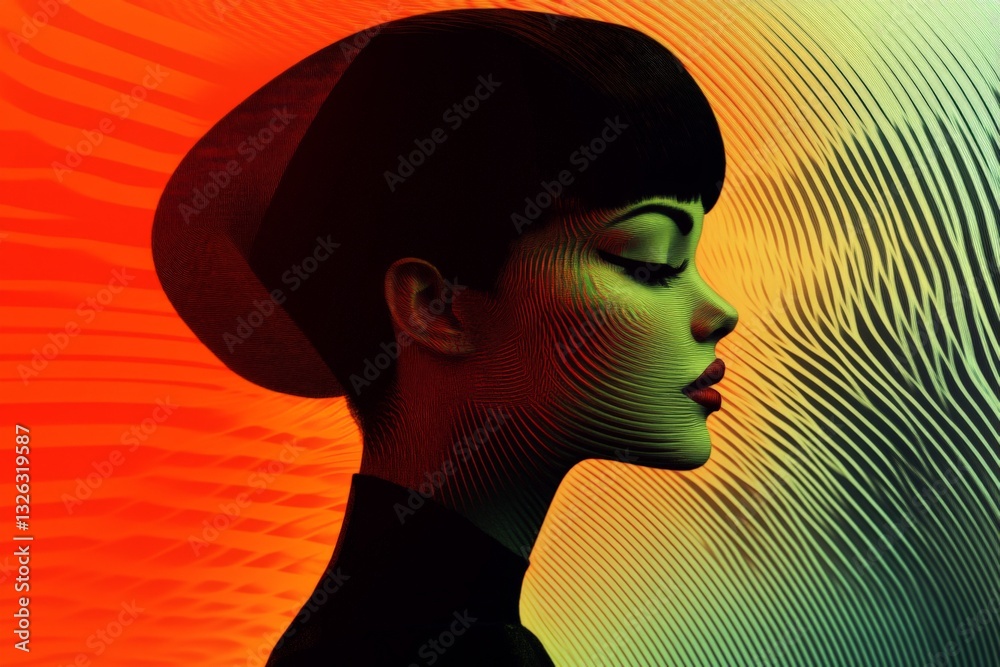 Poster unique profile silhouette of a woman with vibrant colors and intricate patterns in a modern artistic