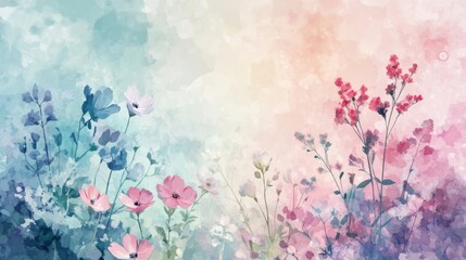 Vibrant watercolor abstraction of spring flowers in soft pastel hues against a dreamy background
