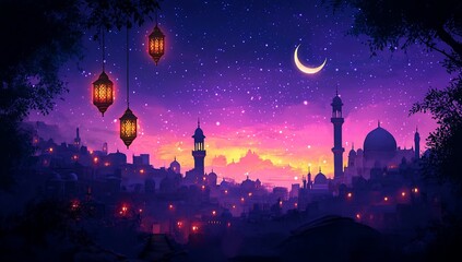 Fototapeta premium City skyline glows at dusk during Ramadan with lit lanterns and a crescent moon