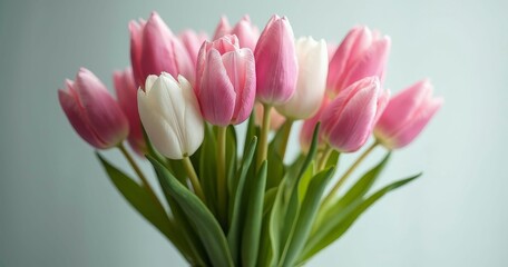 Fototapeta premium Bouquet Of Pink And White Tulips In Vase With Soft Blue Background