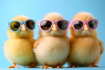 Three Adorable Chicks Sporting Colorful Sunglasses, Isolated on Blue Spring and Easter Theme