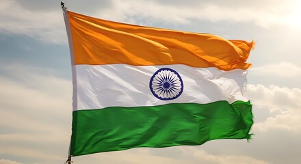 Waving Indian National Flag Glowing Against a Cloudy Sky Background