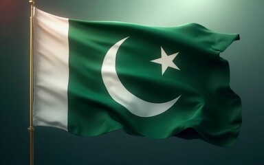 Pakistani National Flag Fluttering On Gold Pole With Green Gradient Background