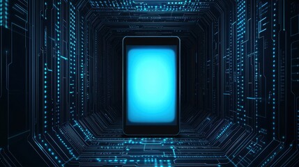 Fototapeta premium Futuristic Smartphone in Neon Circuitry Tunnel with Blue Glow