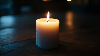 A candle is lit on a wooden table