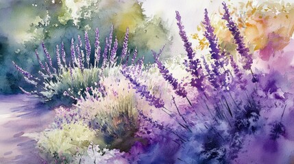 Colorful watercolor depiction of blooming lavender flowers with abstract background in springtime