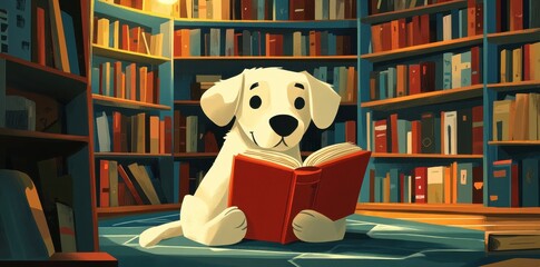 A friendly white dog sits reading inside a library building