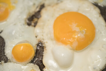 Chicken egg and 9 quail eggs in frying pan.