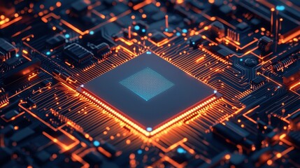 Abstract Close-up of Circuit Board with Glowing Microchip and Wires