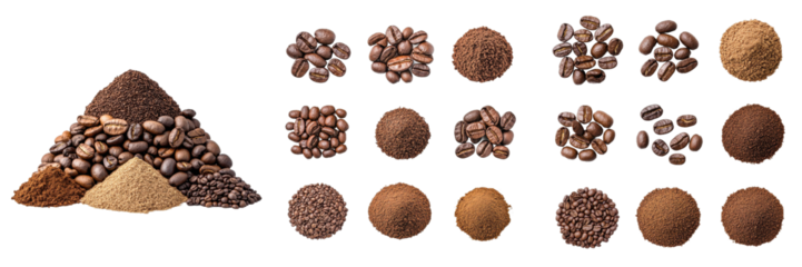 A collection of various coffee beans and ground coffee, arranged in different shapes and textures, highlighting their diversity.