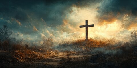 Cross illuminated by dramatic sky at twilight over a rugged terrain creating a spiritual atmosphere