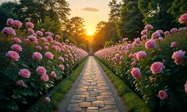 A picturesque garden path surrounded by blooming pink flowers, bathed in golden sunset light. Concept of tranquility and elegance