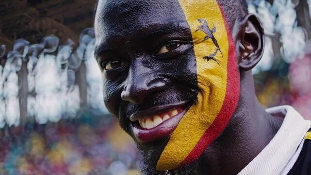 Proud Ugandan sports fan with bold flag face paint cheering at a stadium  
