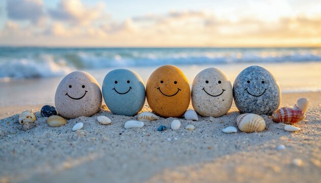Five smooth stones with hand-drawn smiley faces sit on a sandy beach, accompanied by seashells, with gentle ocean waves rolling in the background under a golden sunset, evoking happiness and tranquili - Powered by Adobe