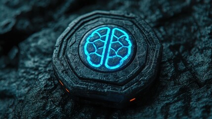 Futuristic Brain Interface Symbol Glowing on Dark Surface