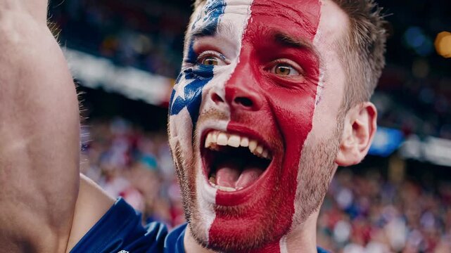 Proud American sports fan with bold USA flag face paint cheering at a stadium  
