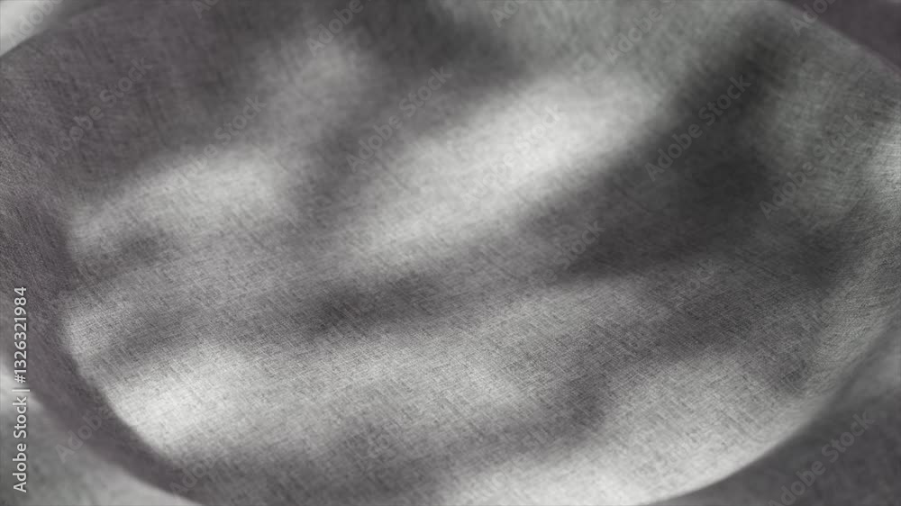 Poster soft gray textile surface dynamically transforming into concave shape, casting fluid shadows across 