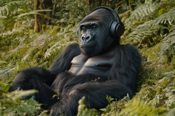 Obraz premium Gorilla relaxing in the forest while listening to music with headphones during a sunny afternoon