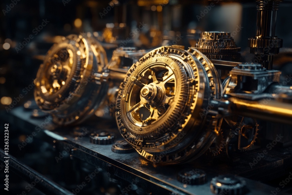 Leinwandbilder Intricate golden gears showcase precision engineering in a steampunk-inspired machine setting