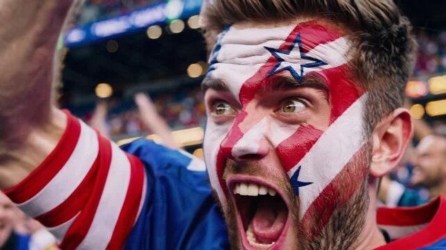 Proud American sports fan with bold USA flag face paint at a stadium event  
