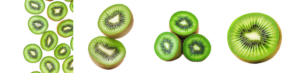 Fototapeta premium Fresh kiwi slices showcasing vibrant green flesh and tiny black seeds with a fuzzy brown exterior.