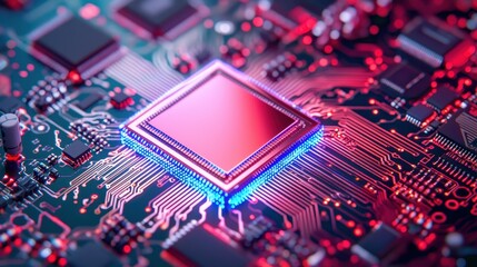 Fototapeta premium High-Tech Microchip on Circuit Board with Glowing Lights and Patterns