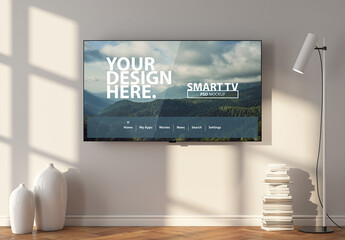 Smart Tv screen Mockup hanging above wooden floor with lamp in living room