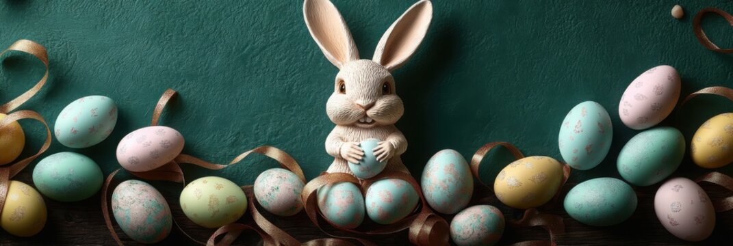 Birda??s-eye view of a highly detailed Easter bunny figurine in the center of pastel-hued Easter eggs and intertwined ribbons set on a rustic wooden table deep emerald-green background