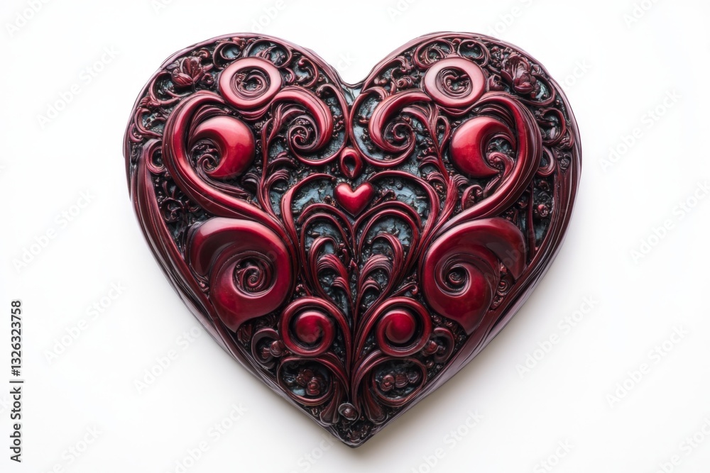 Poster Intricate red heart sculpture with ornate detailing on white background capturing artistic elegance and creative design