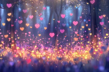 Obraz premium Colorful heart shapes illuminate a serene forest landscape during twilight hours