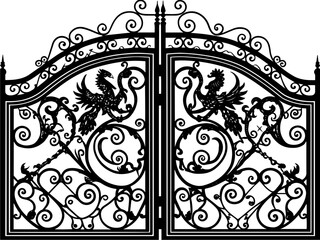SVG vector features wrought iron gates and gate pillar combinations. Ornate wrought iron gate design with mythical creatures detail