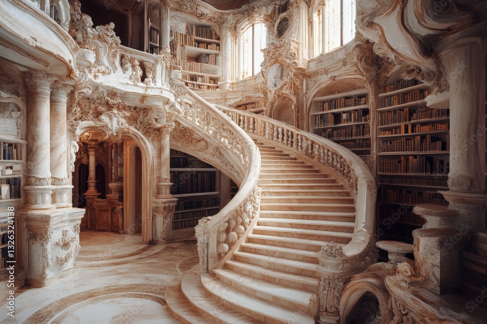 Poster Elegant spiral staircase in a grand library with intricate architecture and rich collections of books at golden hour