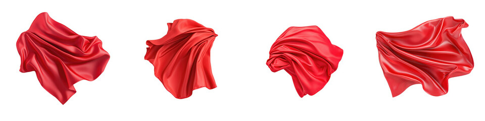 A series of flowing red fabrics displaying movement and texture, showcasing elegant folds and curves.