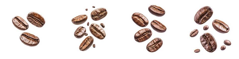 Obraz premium Various coffee beans displayed in dynamic positions, showcasing their rich textures and natural patterns.