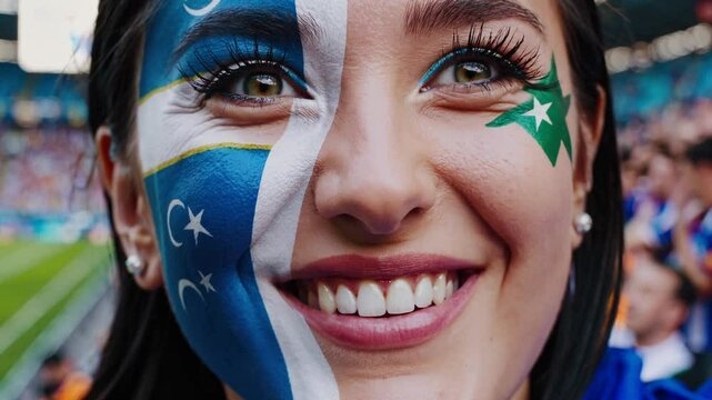 Smiling Uzbekistani sports fan with intricate flag face paint at a stadium event  
