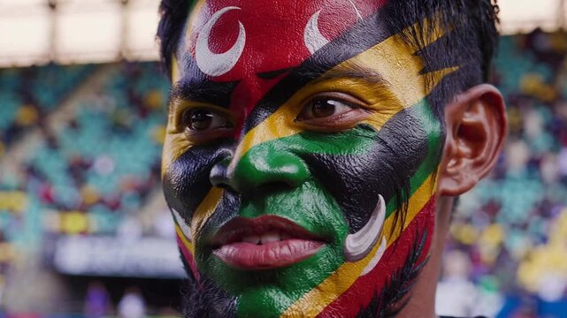 Proud Vanuatuan sports fan with bold flag face paint cheering at a stadium  
