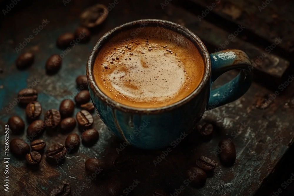 Aufkleber warm coffee in a rustic cup with roasted beans scattered on a wooden surface in a cozy setting