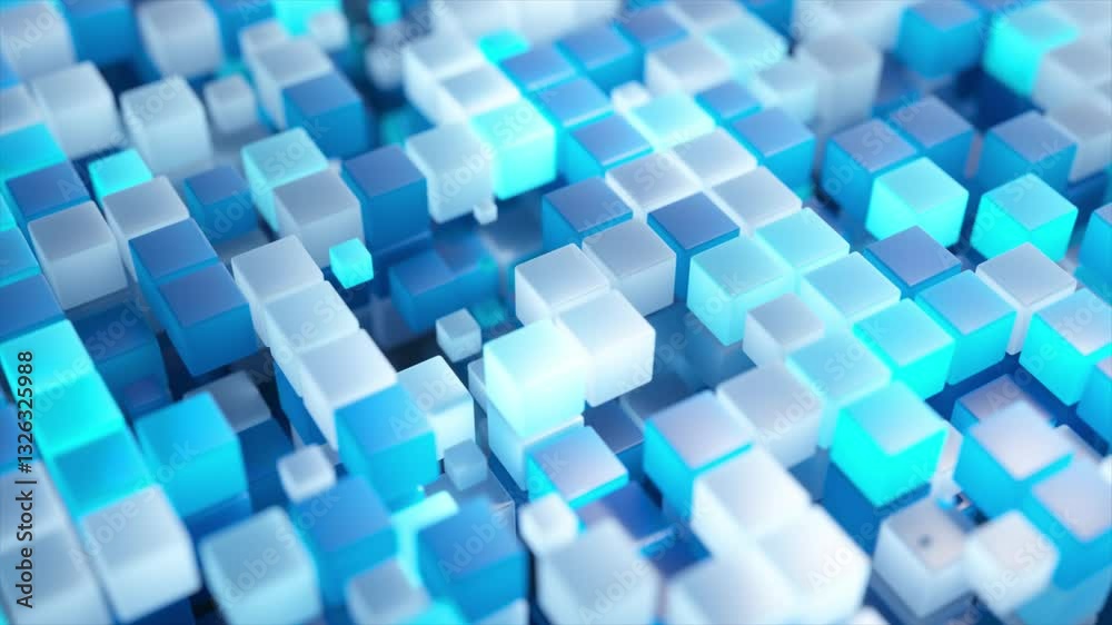 Poster abstract animation of blue and white cubes moving smoothly, creating a visually appealing and dynami
