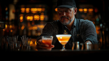 A bartender is focused on crafting cocktails in a vibrant bar setting, showcasing his skills and creativity amidst a warm and inviting atmosphere filled with soft lighting