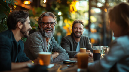 Four businessmen engage in a lively conversation while sipping coffee in a cozy cafe. Laughter fills the air as they enjoy a moment of camaraderie and relaxation