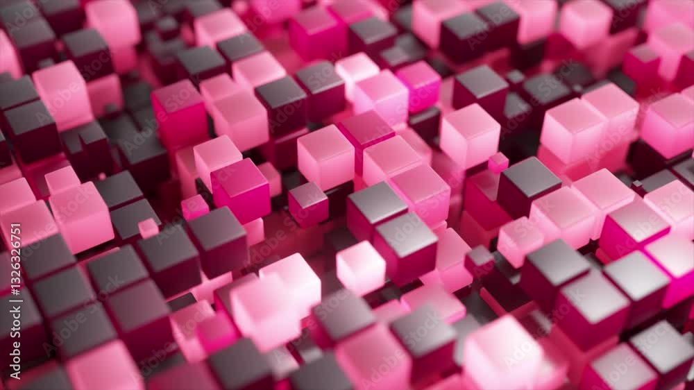 Poster abstract animation featuring pink and purple cubes moving gently in a wave-like pattern, creating a 