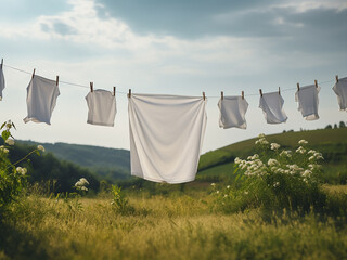 Fresh sheets stretch across the clothesline, drying in the breeze with simple beauty