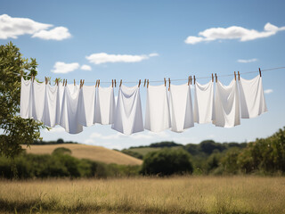 Sheets dry on a clothesline, fluttering in the breeze, showcasing fresh simplicity