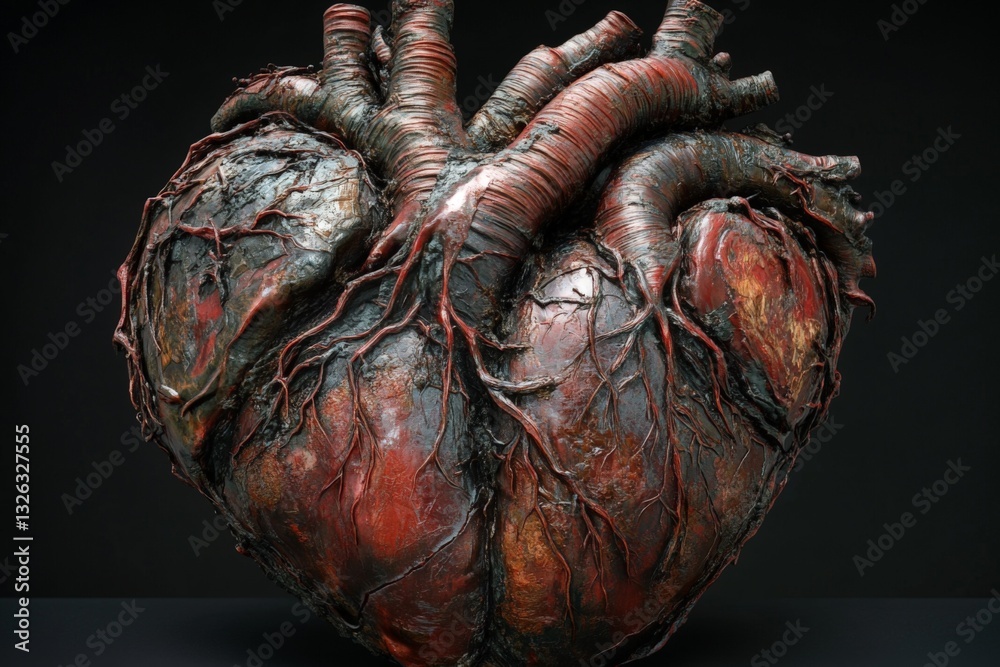Poster Heart sculpture with intricate details showing roots and textured surface in dramatic lighting