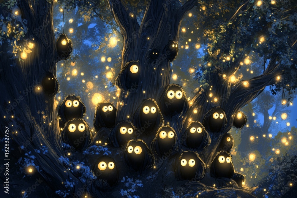 Poster Mysterious creatures gather around glowing orbs in an enchanted forest at twilight