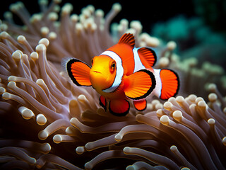 Clownfish darting through the anemone showing a protective and balanced partnership