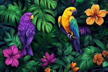 Obraz premium Colorful tropical parrots amidst vibrant foliage and flowers in a lush setting