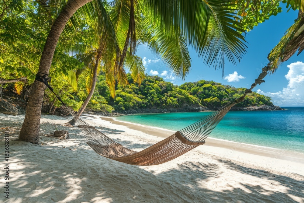Poster relaxing in a hammock on a tranquil beach surrounded by palm trees and clear blue water in the tropi